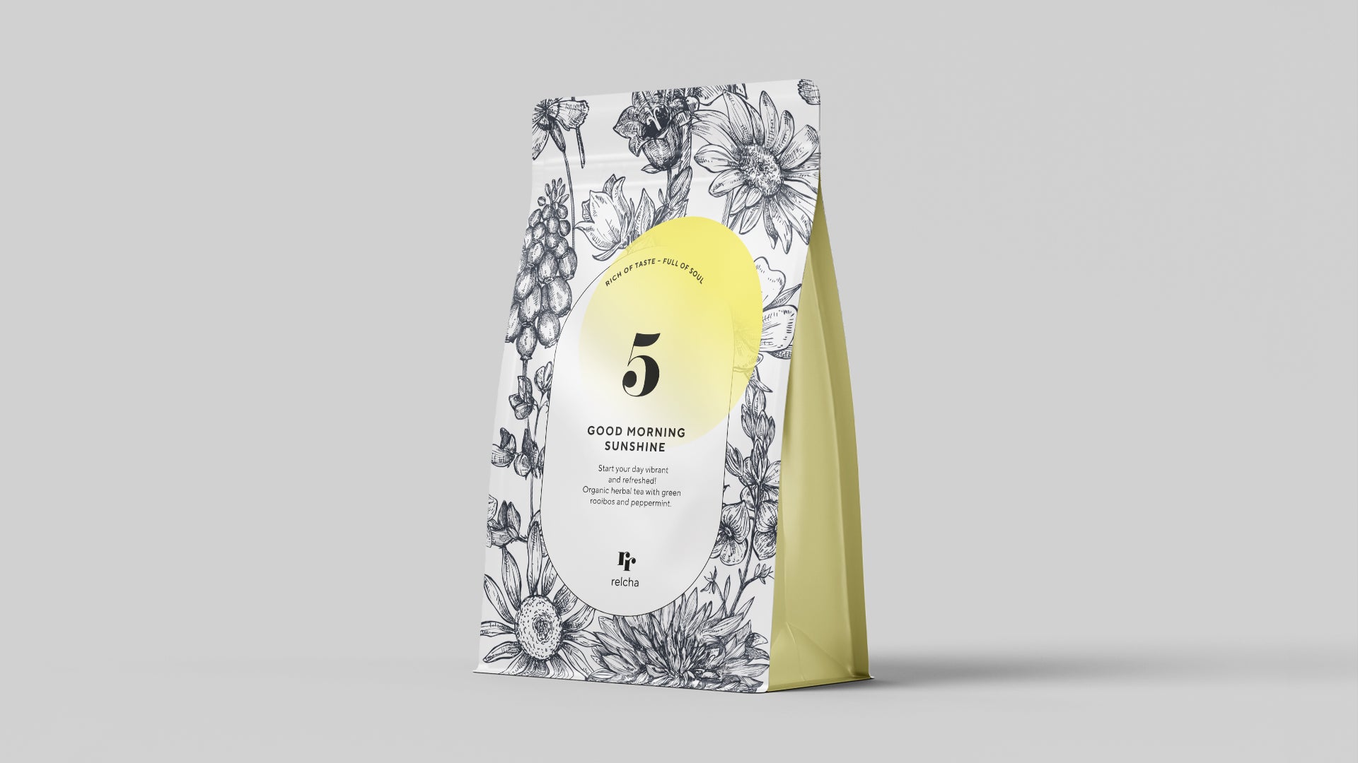 A package of 'Good Morning Sunshine' tea with a floral design and the number 5 visible on it. Good Morning Sunshine organic energizing herbal tea from Relcha with nettle, citrus, and refreshing flavors
